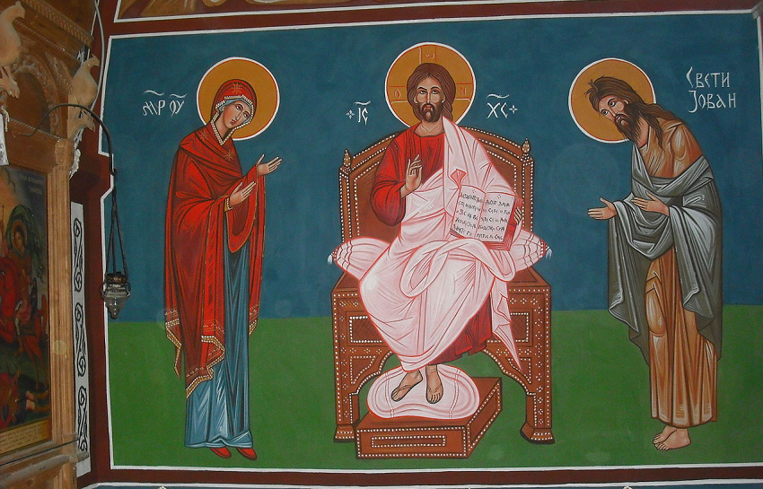 Fresco de la Virgen María, Jesús y San Juan Bautista en la iglesia de San Nicolás en Mramorec, el municipio de Debarca, República de Macedonia